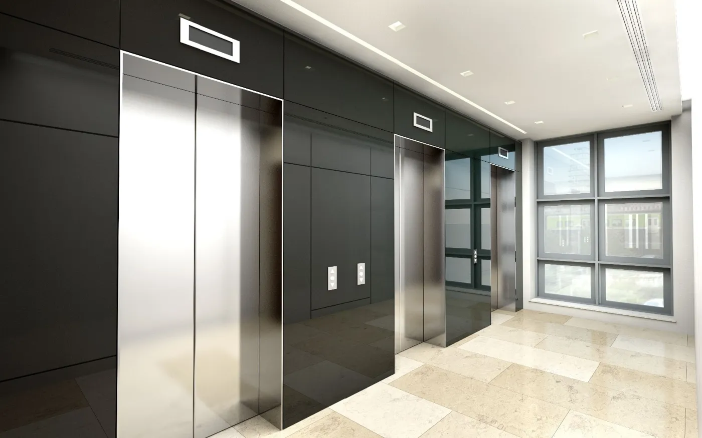 Elevator lobby in black glass and brushed steel